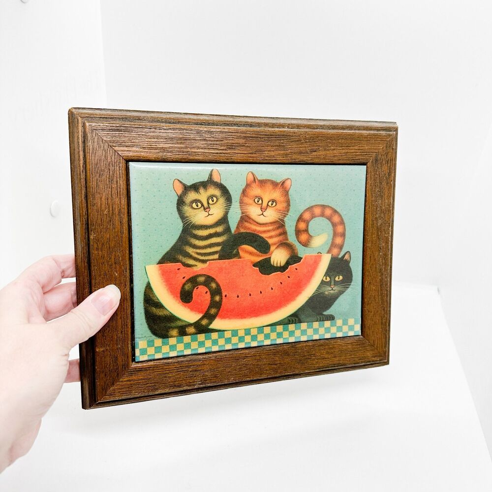 Vintage Framed Tile Cats Watermelon Wall Art Charles Wysocki Kitty Treat